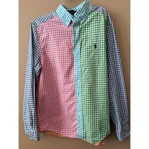 Ralph Lauren Boys Shirt Multicolor Color Block Checked Pony Button Large (14-16)
